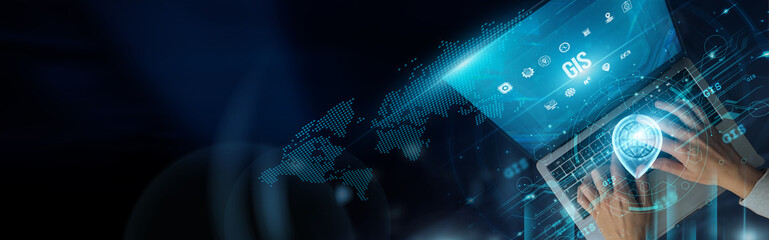 Geographic Information System. Businessman uses laptop and GIS mapping, analysis, and visualization...