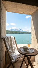 Obraz premium Serene View of Relaxing Retreat with Coffee and Scenic Landscape