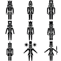 Collection of nine distinct black silhouette nutcracker soldier icons with varied hats and facial features