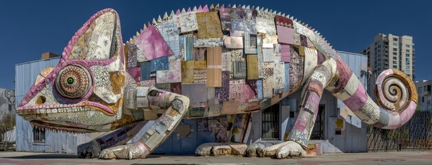 Fototapeta premium A vibrant and artistic representation of a chameleon on a colorful mural, showcasing creativity and urban art, is intertwined with the concept of background animal behavior changing habits climate