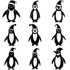 Fototapeta premium Collection of nine charming black and white cartoon penguins wearing santa hats for christmas celebrations