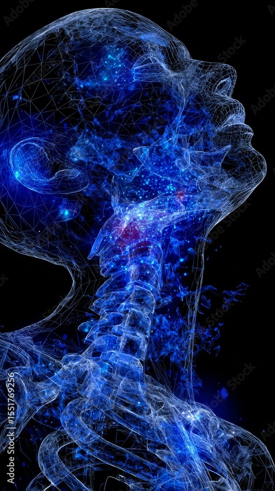 Poster a hologram illustration of a human is created in 3d using generative ai technology