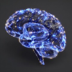 The concept of a blue glowing human brain represents idea generation, neurology, and science, as seen through an x-ray, powered by generative AI