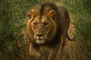 A lion lurking in the bushes while stalking its prey