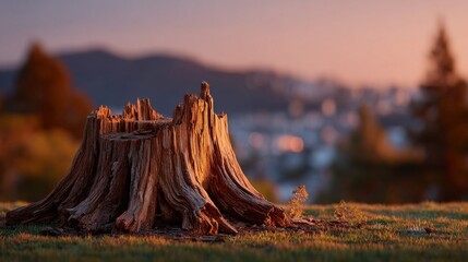 A tree stump in the forest serves as a symbol of nature preservation efforts
