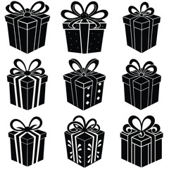 Collection of nine black and white stylized gift boxes with bows on white background