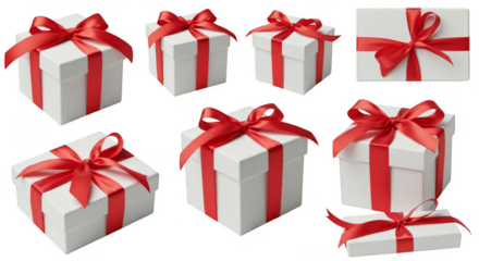 Isolated Holiday Gift Boxes with Red Ribbons Transparent Background PNG