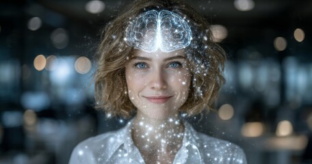 The concept of a businesswoman alongside an AI brain hologram, chatbot icons, and the metaverse
