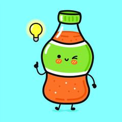 A cheerful cartoon soda bottle winks while a lightbulb glows above it.