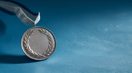 Silver Medal with Ribbon on Blue Gradient Background, Second Place Award Symbol, Achievement Recognition with Copy Space, Minimalist Competition Prize, Professional Sports Honor