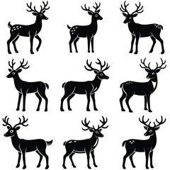Collection of nine black silhouette deer with antlers and white spots on a white background