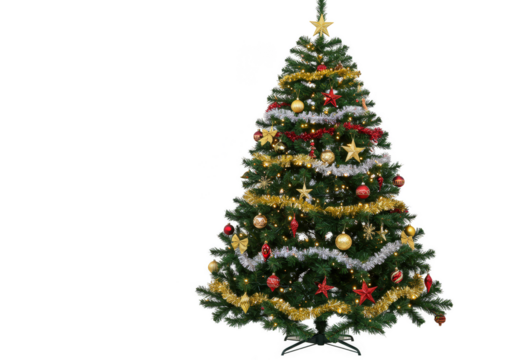 Isolated Christmas Tree with Gold and Red Baubles on Transparent Background