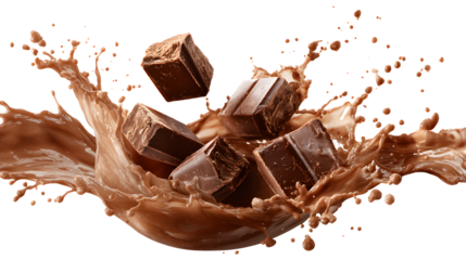  Chocolate blocks splashing into a liquid chocolate splash burst in the air, isolated on a white background