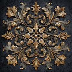 3D render of an acanthus ornament in the shape of a star, symmetrical design, masterpiece quality, dark background with gold accents.