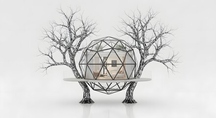 Unique Geodesic Dome House Nestled Between Bare Trees on White