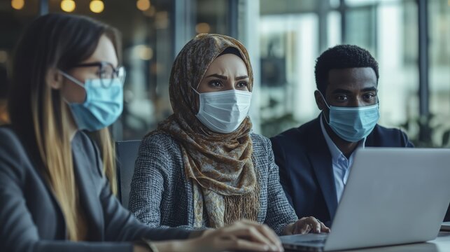 Diverse business team working on a laptop while wearing protective face masks