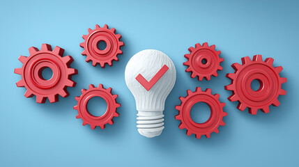 Business Process Optimization Concept, Light Bulb with Checkmark and Red Gears, Workflow Efficiency and Productivity Visualization, Innovative Solution for Streamlined Operations
