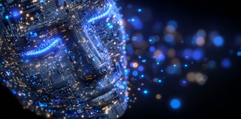 A humanoid cyber human named Stock, equipped with a neural network, engages in thought processes related to AI concepts, including big data and cyber security, as embodied by Chat GPT, which utilizes
