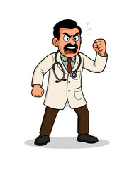 Cartoon vector of an angry Indian male doctor in white coat with stethoscope, shouting and raising a fist. Great for hospital policy, discipline, medical warning, protocol compliance, risk and ethics 