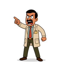 Cartoon vector of a stern Indian male doctor in white coat and stethoscope, pointing and shouting. Strict physician scolding staff or patient; hospital conflict, warning, protocol, authority concept.