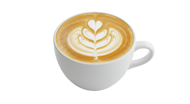 Isolated Latte Art Cappuccino Cup with White Foam on Transparent Background