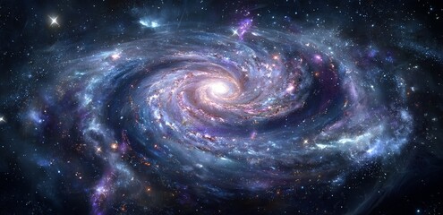 A realistic spiral galaxy and shining stars set against a modern space background