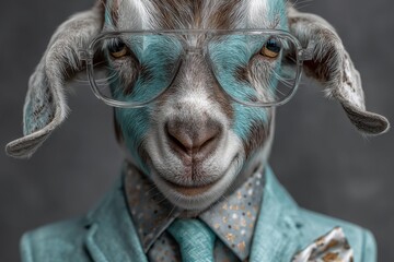 A businessman-like goat in a suit is a creative representation of anthropomorphism, used to illustrate a stock business concept with human-enhanced elements