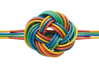 Isolated Colorful Electrical Cable Wires Knot on Transparent Background