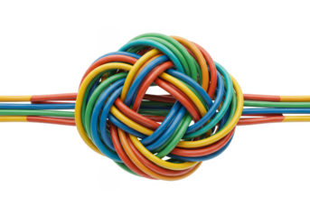 Isolated Colorful Electrical Cable Wires Knot on Transparent Background