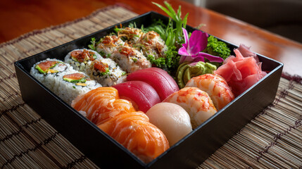 A meticulously arranged bento box filled with colorful sushi rolls, Generative AI	
