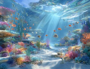 The Great Barrier Reef is depicted in an underwater illustration with saline and coral reef elements showcasing nature as a background in the ocean, available as a stock image