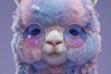 A happy and cute alpaca is shown wearing sunglasses in this enhanced stock picture, which is intended to be humorous