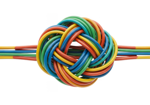 Isolated Colorful Electrical Cable Wires Knot on Transparent Background