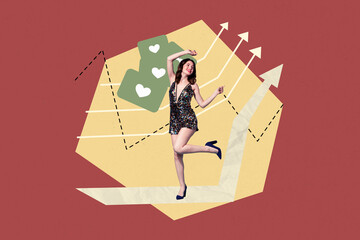 Banner creative collage of person dance demonstrate having arrows graphs growing likes on red...