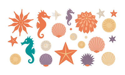 scalable vector illustration featuring a curated collection of colorful seashells, starfish, sand dollars, sea urchins, and seahorses, easily editable and scalable.