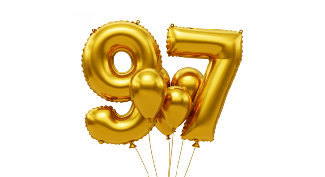 Isolated Ninety Seven Golden Balloons for Festive Anniversary Celebration