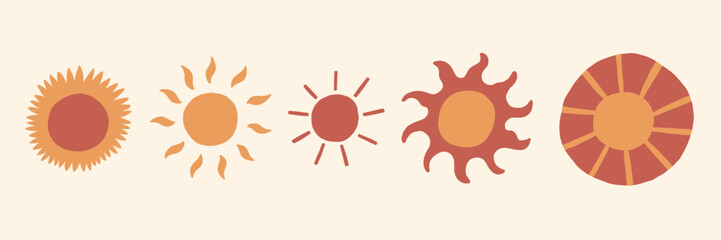 Sun Boho Simple Icon Set. Sunset Ray Line Logo Collection. Bohemian Sunrise Vector Illustration