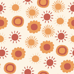 Sun Boho Gold Seamless Pattern. Abstract Simple Baby Sunny Background. Summer Doodle Vector Wallpaper for Print