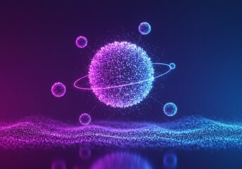 Abstract atom model with glowing particles and orbits