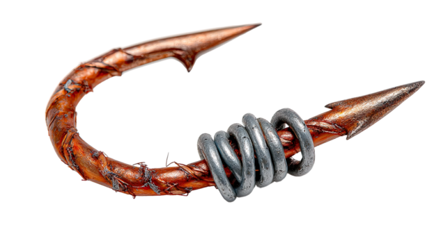 Antique Fish Hook : A close-up shot features a vintage, handcrafted fish hook, highlighting its unique form, spiral wraps and weathered surface.