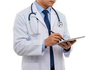 Doctor in white coat writing on a tablet isolated on white background