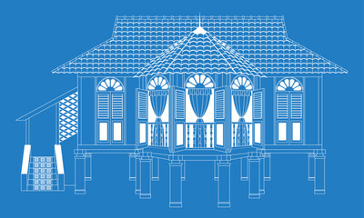 Vector of a traditional Malay house in Malaysia, also known as rumah kampung. Outline only with solid color background.