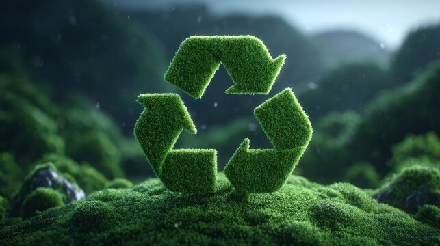 A symbol of eco-friendly recycling, composed of grass, is situated on a hill covered in grass, embodying sustainability, environmental awareness, and green initiatives in nature