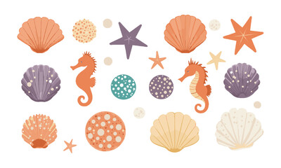 scalable vector illustration featuring a curated collection of colorful seashells, starfish, sand dollars, sea urchins, and seahorses, easily editable and scalable.