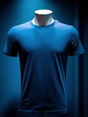 A blue tshirt on a mannequin against a blurred blue backdrop illuminated by a spotlight