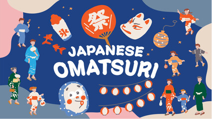 夏祭りを楽しむ浴衣の人物、親子、金魚などの、手描きベクターテンプレートイラスト Hand drawn vector template illustration of people enjoying a Japanese summer festival.