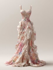 A floralprint dress with ruffled layers and a fitted bodice displayed on a plain background