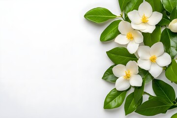 A stunning arrangement of fresh white flowers and vibrant green leaves on a light surface, showcasing beauty and elegance, perfect for nature lovers and decorators.