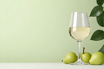 A sophisticated white wine glass stands next to fresh green pears and leaves on a soft green background, creating a serene and elegant atmosphere.
