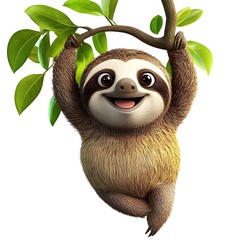 Adorable cartoon sloth hangs contentedly from a tree branch, showcasing its playful spirit with a big smile. Perfect for children's media and nature themes.